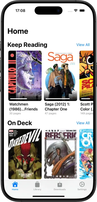 Komic app screenshot showing comic reader interface