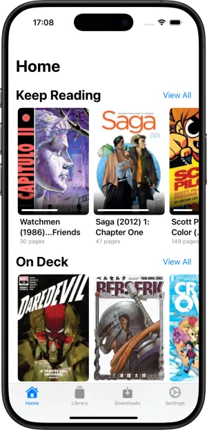 Komic app screenshot showing comic reader interface