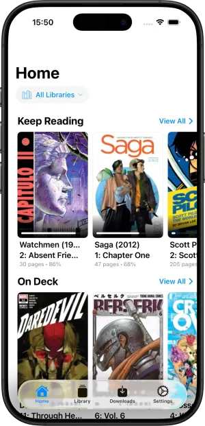 Komic app screenshot showing comic reader interface